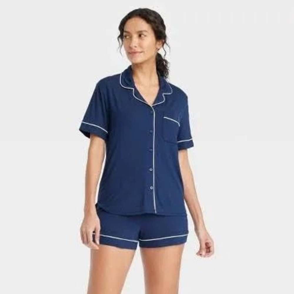 Auden Cloud Knit Navy Blue Pajama Top XS Short Sleeve Button Down Sleep Shirt